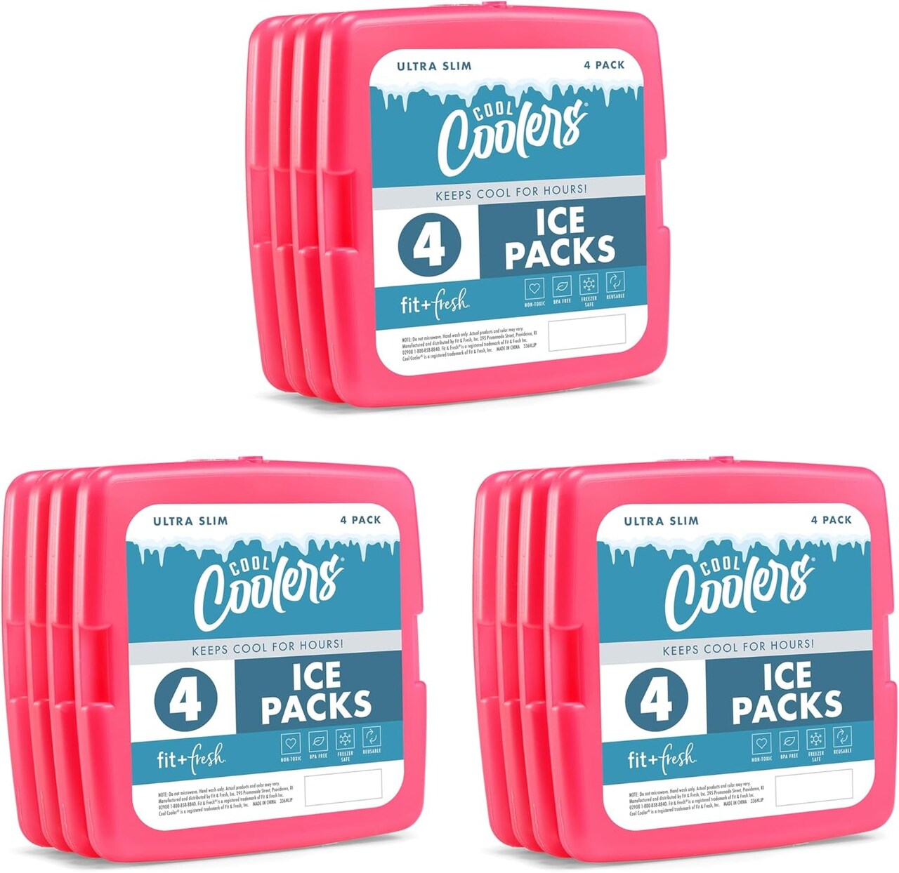 Cool Coolers by 4 Pack Slim Ice Packs, Quick Freeze Space Saving Reusable Ice Packs for Lunch Boxes or Coolers, Multi Colored